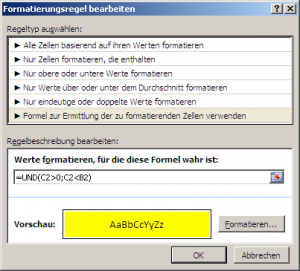 bedingte Formatierung gelb